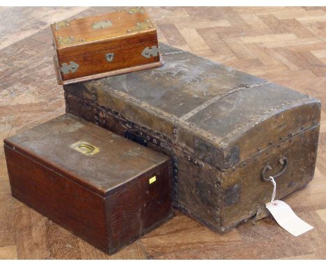 Dome top trunk covered in case, Victorian oak cigar box with two divisions and oak box with military style handle. Condition 