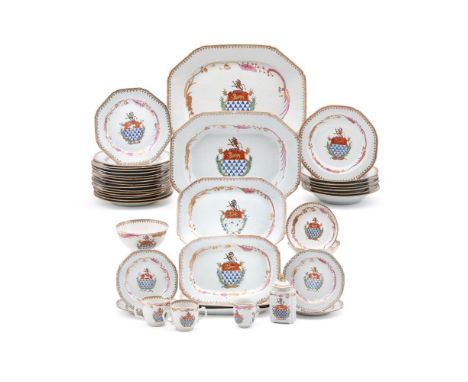 A rare Chinese Export part dinner and tea service, Qianlong, circa 1755, each piece with the arms of the Taswell family, in b