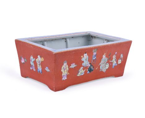 A Chinese coral red rectangular basin, mark of qianlong but 19th century, painted to the sides with boys playing  various gam