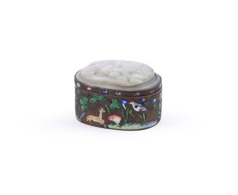 A Chinese gilt enamel box inset with jade elephant plaque, 19th century, Qing Dynasty, the cover of the oval box inset with a