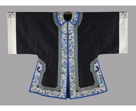 A Chinese front opening charcoal grey silk summer damask jacket, Qing Dynasty, circa 1870, woven with bats flowers eternal kn