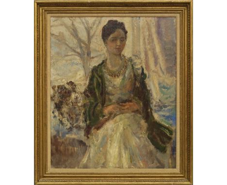 Dame Ethel Walker NEA ARA RBA RP DBE British 1861-1951- Portrait of a lady, seated three-quarter length in an interior by a w