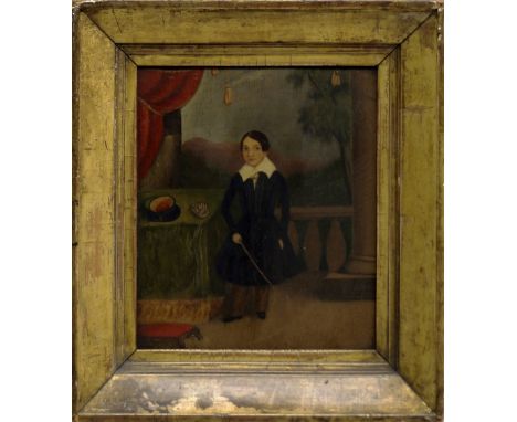 M Andrews, Sgt 11th Hussars, British Primitive School, mid 19th century- Portrait of a boy standing full-length in an interio