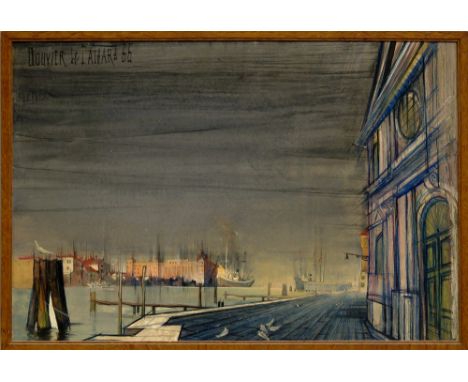Regis de Bouvier de Cachard, French b.1929- View of a port; oil on board, signed and dated 66, 32.5x47cm (may be subject to D