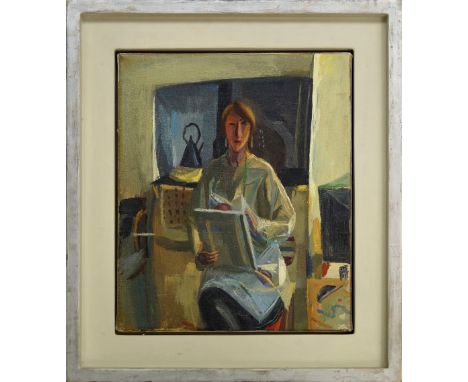 Mary Mabbutt, British b.1951- "Self Portrait - Kitchen"; oil on canvas, inscribed to the reverse of the frame and dated Febru