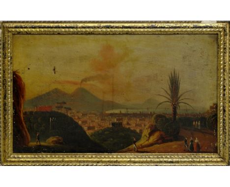 Neapolitan School, mid 19th century- View of Naples and Vesuvius at sunset viewed from the Palace de Capodimonte; oil on canv