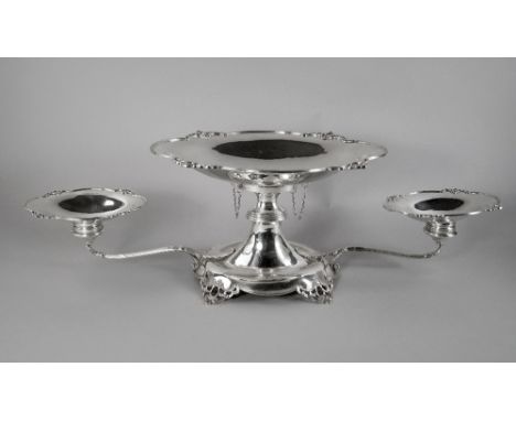 A George V silver epergne, Birmingham 1910, probably T. Wooley or T. Wilkinson & Sons, the raised oval base on four pierced f