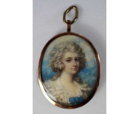 Follower of Richard Cosway RA, British 1742-1821, A Portrait Miniature, depicting a lady, quarter-length in a white dress wit