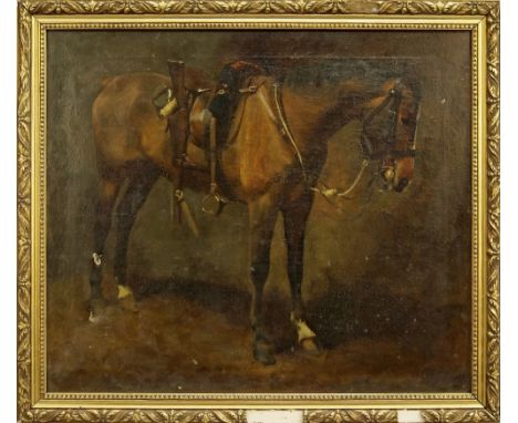 Follower of Charles Augustus Henry Lutyens, British 1829-1915- Study of a horse with saddle and a rifle; oil on canvas, 51x61