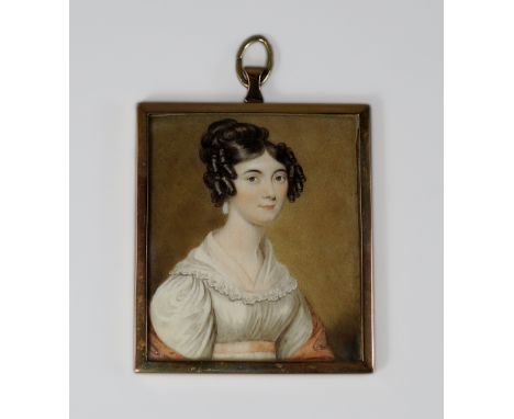 A Portrait Miniature, British School, early 19th century, depicting a lady half-length in a white dress with orange shawl tur