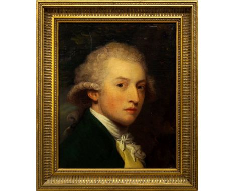 Follower of Samuel Smart, British 1754-1787- Portrait of a gentleman, quarter-length turned to the right in a green coat; oil