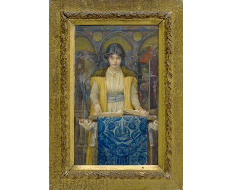 Maria L Angus, British act. 1887-1910- "The Book of Spells"; watercolour, in a glazed gilt frame with running leaf pattern, 5