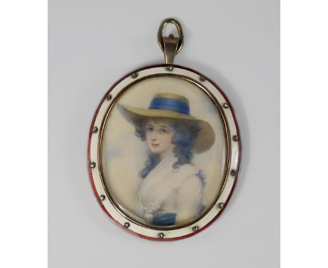 A Portrait Miniature, British School, early 19th century, depicting a lady half-length in a white dress and straw hat with bl