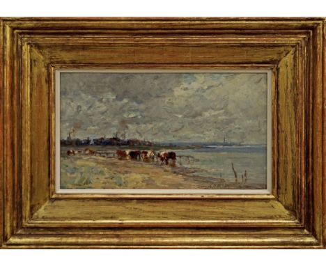 Terrick John Williams RA, British 1860-1936- "Landscape near Poole, Dorset"; oil on panel, signed, 17x30.5cm, (may be subject