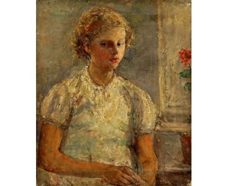 Dame Ethel Walker NEA ARA RBA RP DBE British 1861-1951- Portrait of a girl, seated half-length turned to the right by a windo