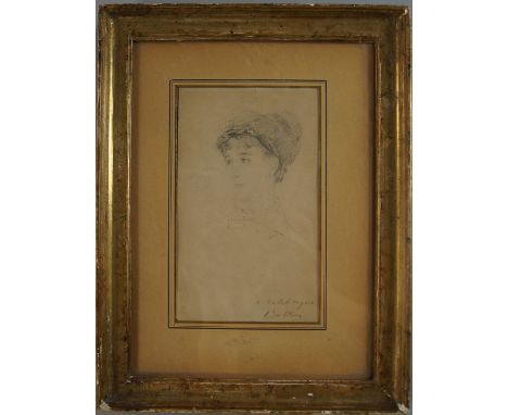 Giovanni Boldini, Italian 1842-1931- Portrait of a lady; pencil, signed and dedicated a Valbreque in black pen, 16.5x9.5cm: B
