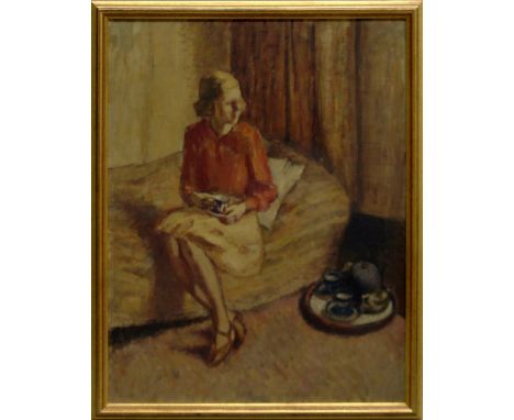 Maurice Field, British 1905-1988- Portrait of Bridget Gowing, seated full-length in an interior; oil on canvas, 45/5x35.5cm (