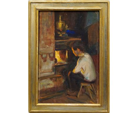 Stanislaw Korzeniewski, Polish 1882-1942- Study of a boy by a fireplace; oil on canvas laid down on panel, signed with initia