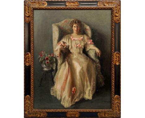 Margaret Kemplay Snowdon, British exh 1918-1938- Portrait of a lady seated full-length in white dress with pink ribbons and r