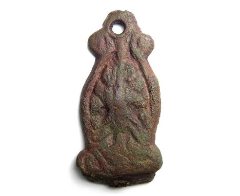 Viking Stirrup Mount.  Copper-alloy, 30.93 grams. 56.72 mm. Circa 10th century AD. Williams Class A, type 4. An ornate exampl