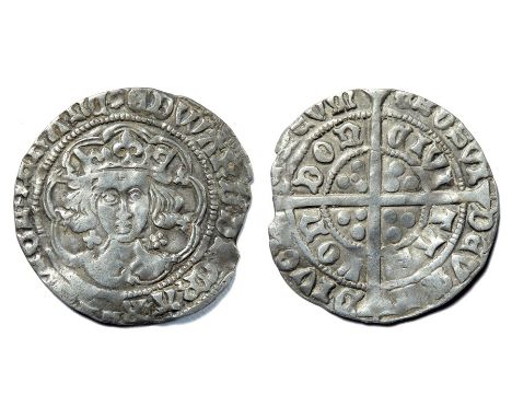 Edward IV Groat. Light coinage, 1464 -70. Silver, 2.91 grams. 25mm. Obverse: Crowned facing bust, quatrefoils at neck. EDWARD