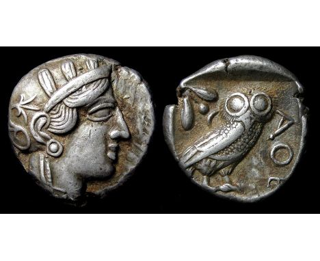 Ancient Greek, Attica, Athens Tetradrachm. Circa 490-430 BC. Silver, 17.4 grams. Obverse: Head of Athena to right, wearing cr