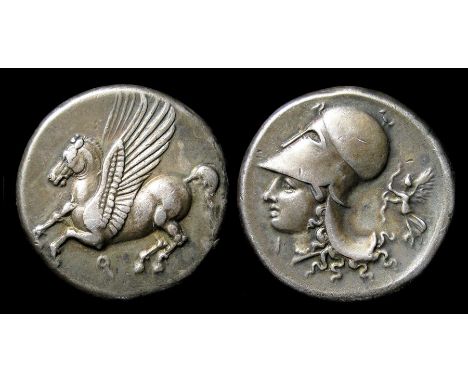 Ancient Greek, Corinth Stater,  Circa, 338 B.C. Silver, 8.5 grams. Obverse: Pegasus with pointed wing flying left, Ϙ below. R