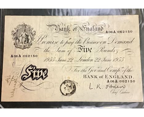 Bank of England Banknote, Five Pounds 1955 June 22nd, A06A 062150, L. K. O’Brien. Condition, Creases and fold marks, stamp to