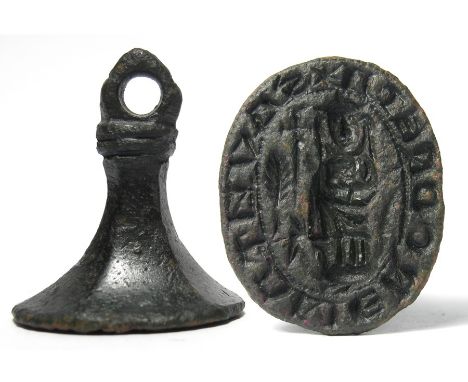Medieval Bronze Seal Matrix.   Circa 14th century AD. Size: H. 27.48 mm, seal face: 23.45 x 18.80 mm. A cast copper-alloy che