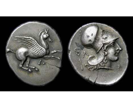 Ancient Greek, Colonies of Corinth, Levcas. Circa 357 B.C. Silver 8.5 grams. Obverse: Pegasus with pointed wings flying right