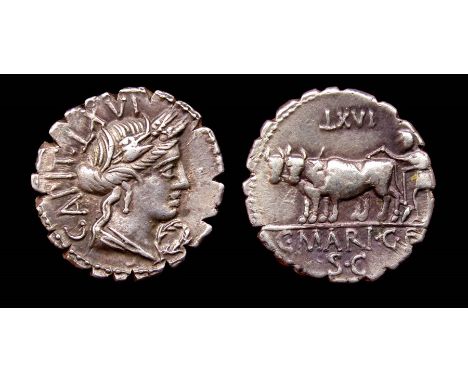 C. Marius C.f. Capito Denarius. Circa, 81 BC. Silver, 3.86 grams. 18.6 mm. Obverse: Bust of Ceres right, CAPIT.XVI behind. La