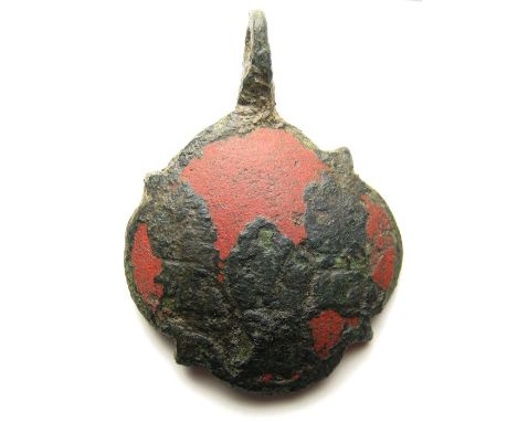 Medieval Heraldic Harness Pendant.   Circa 14th century AD. Size: 38.58 mm. A very well preserved horse harness pendant with 