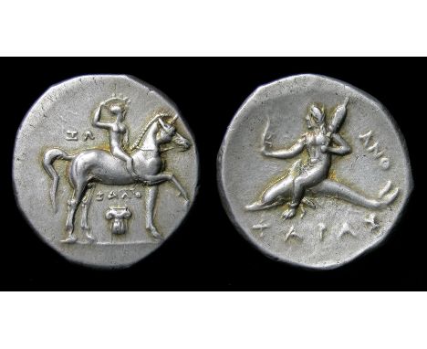 CALABRIA, Tarentum. AR Nomos. Circa 280-272 BC. Silver, 6.6 grams. Obverse:  Youth on horseback right, crowning self with wre