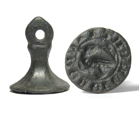 Medieval Bronze Seal Matrix.   Circa 14th century AD. Size: 20.37 mm. A cast copper-alloy chess-piece type seal matrix with a