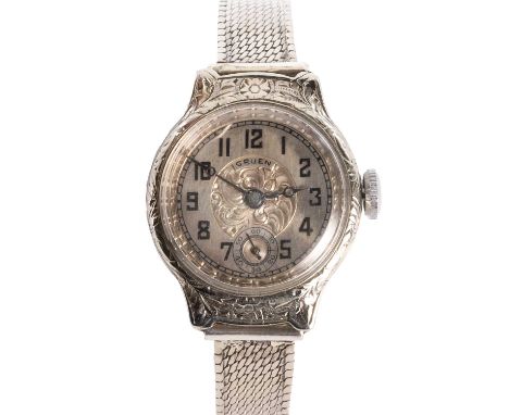 A ladies' white gold mechanical wristwatch, by Gruen, with an engraved 23mm diameter case, a silvered dial, black Arabic nume