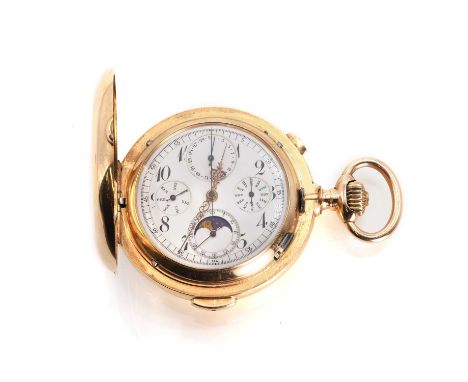 A 14ct gold side wind full hunter chronograph repeater pocket watch, with a 56mm diameter case, a white enamel dial, gilt Lou