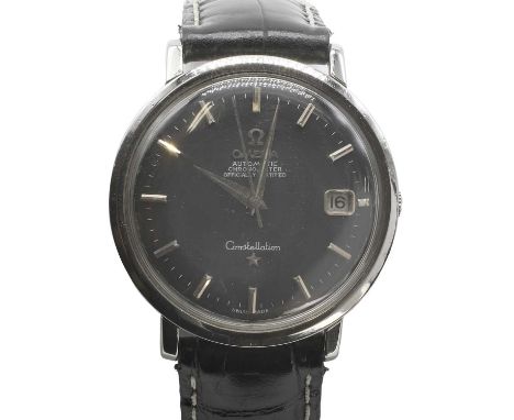 A stainless steel Omega Constellation automatic wrist watch,  circular case, 35mm in diameter, with a black dial, applied sil