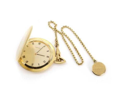 An 18ct gold Longines top wind fob watch,  41mm diameter, the satin finish front cover opens to reveal a champagne dial, with