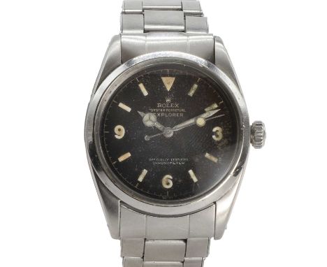 A stainless steel Rolex Perpetual Explorer automatic bracelet watch, c.1955,  ref. 6610, the tonneau shape case, 36mm, replac