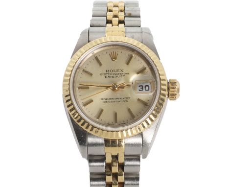 A ladies' stainless steel and gold Rolex Datejust automatic bracelet watch,  c.1992, ref. 69173, the 26mm case, with a champa