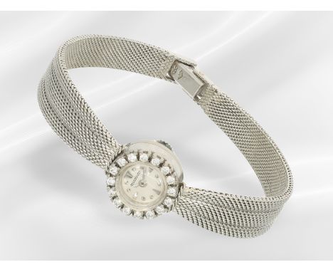Armbanduhr: vintage Damenuhr der Marke Jaeger Le Coultre, Lünette mit Brillanten besetzt, 18K Weißgold: Ca. 16cm lang, ca. 22