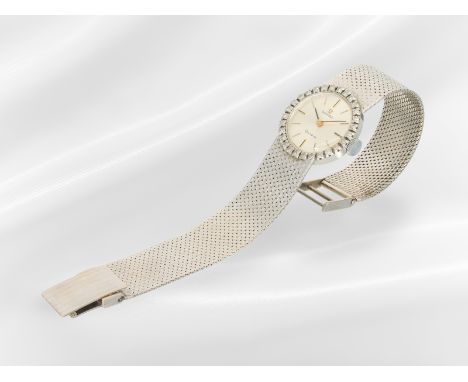 Armbanduhr: weißgoldene vintage Damenuhr von Omega mit Diamantlünette, 18K Gold: Ca. Ø22mm, ca. 33,8g, 18K Weißgold, ca. 16,5