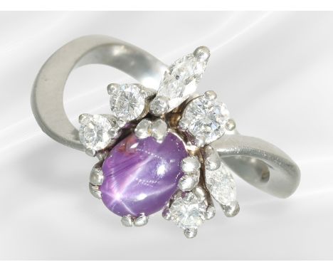 Ring: solider Goldschmiedering mit Sternrubin und feinen Diamanten/Brillanten: Ca. Ø17mm, RG 53, ca. 5g, 14K Weißgold, geschw
