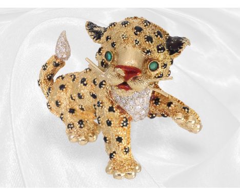 Brosche/Nadel: außergewöhnliche Goldschmiedearbeit mit Diamanten "Junger Leopard", Frascarolo ca. 1960: Ca. 62 x 46mm, ca. 55