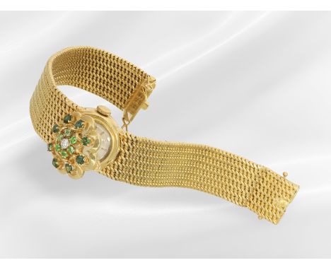 Armbanduhr: dekorative vintage Schmuckuhr aus 18K Gold mit Steinbesatz, sog. Cocktailuhr, Omega, um 1950: Ca. 16,5cm lang, ca