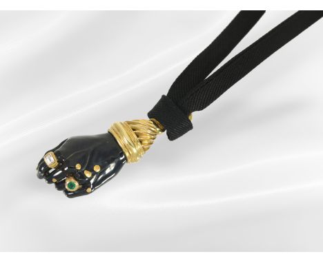 Kette/Collier/Anhänger: ausgefallener emaillierter vintage Gold-Anhänger mit Diamant- und Smaragdbesatz: Anhänger ca. 49 x 19
