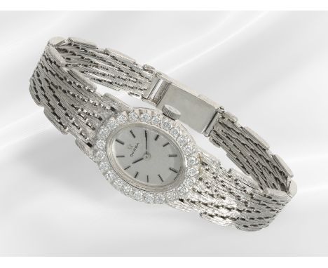 Armbanduhr: luxuriöse, weißgoldene vintage Damenuhr von Omega mit Brillantlünette, sehr schöner Erhaltungszustand: Ca. 24 x 2