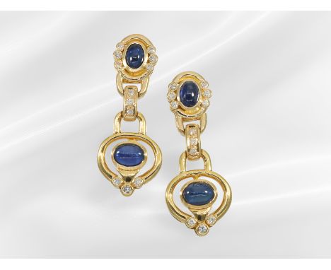 Ohrschmuck: dekorative Brillant/Saphir-Ohrringe aus 18K Gold: Ca. 36,5 x 14,5mm, ca. 10,9g, 18K Gold, Stopper aus 14K Gold, c