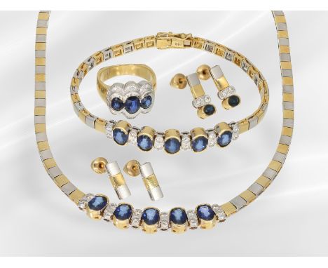 Collier/Armband/Ring/Ohrring: Äußerst luxuriöses Schmuckset mit Saphiren und Brillanten, ca.11ct !: Gesamtgewicht ca. 85g, 18