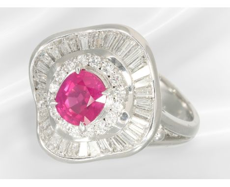 Ring: exklusiver vintage Platinring, "No Heat" Rubin von 1,2ct, sehr hochwertiger Goldschmiedeschmuck: Ca. Ø 17mm, RG 53, ca.
